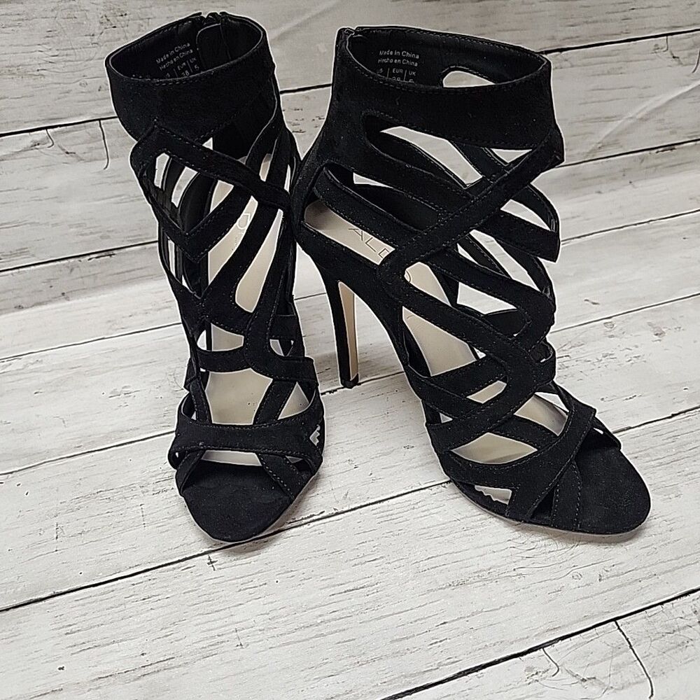 ALDO Black Strappy Sandal Faux Suede Stiletto High Heel Shoes Womens Size 7.5 - Picture 6 of 11